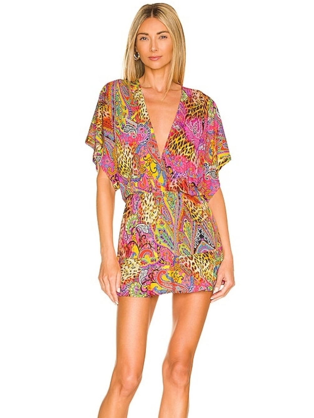 Luli Fama Revolve Mini Dress Small Colorful Paisley Deep V Resort Vacation Dress